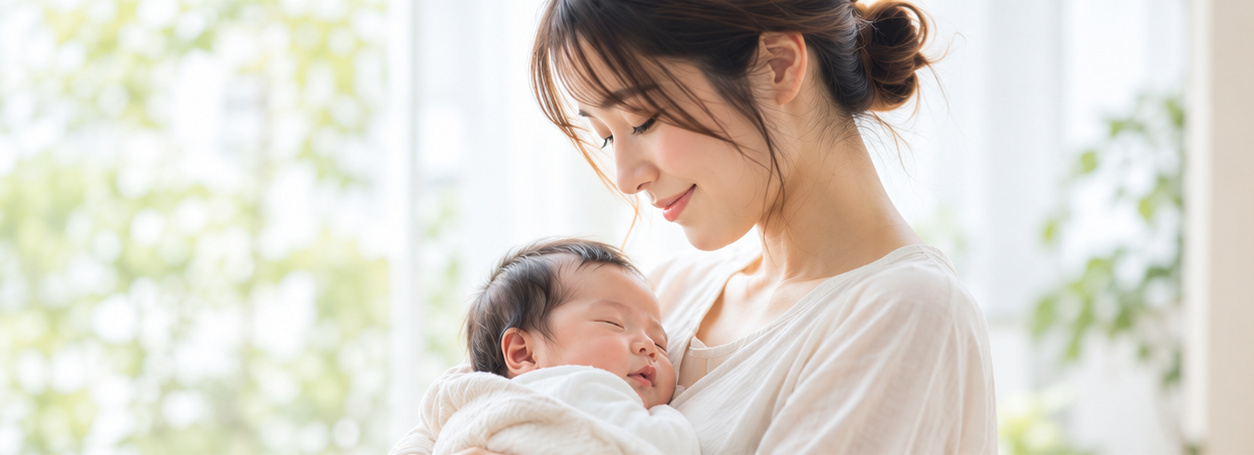 赤ちゃんを抱いてやさしく見つめる母親