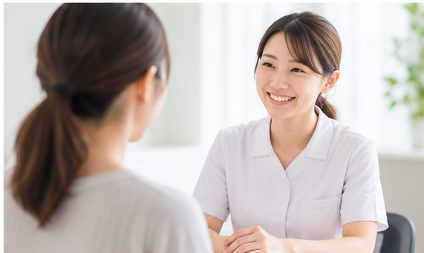 助産師と女性が向かい合って相談している様子